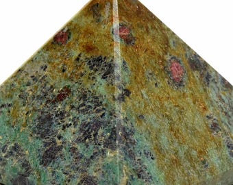 Purple Red Ruby w/ Blue Kyanite on Orange Green Fuchsite Matrix Carved Pyramid Polished 48mm 95g Natural Gemstone Crystal Mineral Specimen