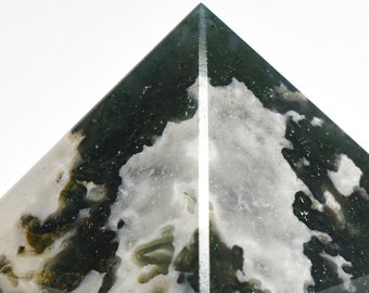 Rich Deep Green Moss Agate w/ White Quartz Carved Pyramid Polished 51x38mm 110g Natural Chalcedony Gemstone Crystal Mineral Décor Ball