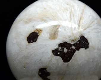 White Scolecite Spays w Black Inclusions Carved into Sphere Polished 60mm 250g Natural Zeolite Gemstone Crystal Mineral Collectible Ball