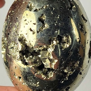 One Golden Iron Pyrite Geode Carved Egg Polished 56mm Natural Sparkling Collectible Cubes Druzy Gemstone Crystal Mineral Cluster Specimen
