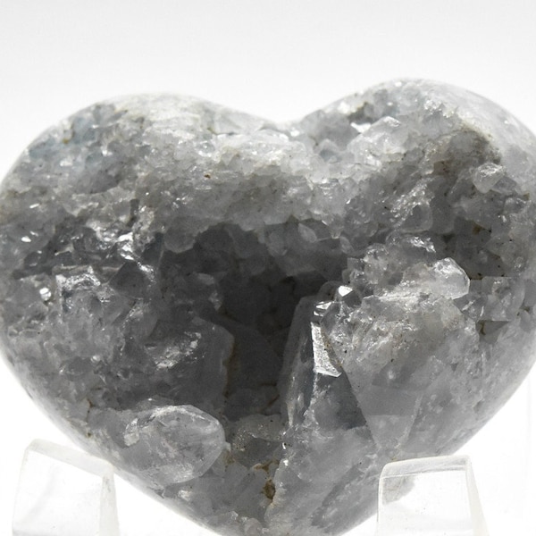 Silverish Clear Blue Celestite Geode Druzy Heart Polished 51mm 105g Natural Sparkling Celestine Gemstone Crystal Mineral Cluster Specimen