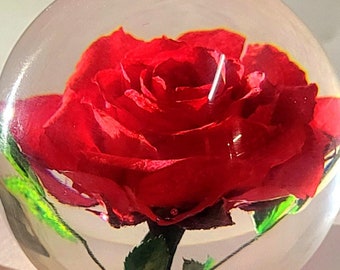 Real Red Rose June Birth Month Flower in Clear Lucite Resin Specimen 60mm Paperweight Anniversary, Wedding, Valentine, Mother's Day Gift