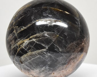 Black w/ Orange Peach Moonstone Carved Sphere Polished 44mm 120g Natural Sparkling Collectible Feldspar Gemstone Crystal Mineral Décor Ball