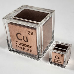 May include: Two clear acrylic cubes with a wooden block inside. The larger cube has the chemical symbol Cu, the word Copper, and the density 8.96. The smaller cube has the same information but is smaller in size.