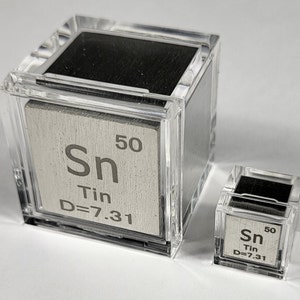 Tin Cubes Pair in Acrylic Box - 25.4mm (1&quot;) + 10mm (0.39&quot;) up to 99.9% Pure Periodic Table Element Engraved Collection Metal Cube Sn Block