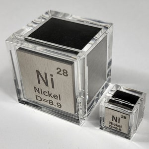 Nickel Cubes Pair in Acrylic Box - 25.4mm (1&quot;) + 10mm (0.39&quot;) up to 99.9% Pure Periodic Table Element Engraved Collection Metal Cube Ni