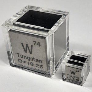 Tungsten Wolfram Cubes Pair in Acrylic Box - 25.4mm (1") + 10mm (0.39") up to 99.9% Pure Periodic Table Element Engraved Collection Cube