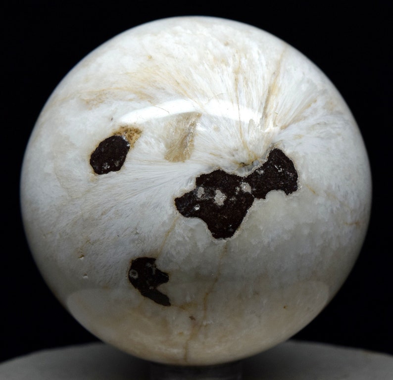 White Scolecite Spays w Black Inclusions Carved into Sphere Polished 60mm 250g Natural Zeolite Gemstone Crystal Mineral Collectible Ball
