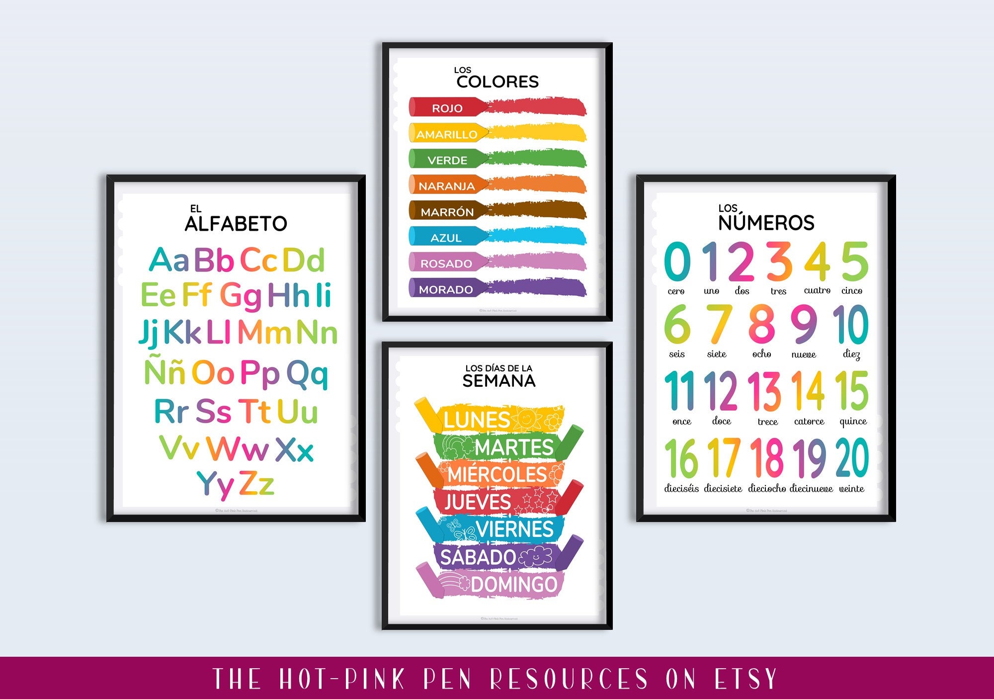 Batuba Design - Set of 9 FRAMLESS 8''x10'' SPANISH-ENGLISH Poster Wall  Decor Art, Math Symbols, Count to ten, Count to 100, Multiplication Table