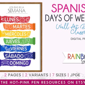 Los Días de la Semana Poster| Days of Week Spanish poster | Spanish Posters | Spanish Deco Classroom & Home | Rainbow deco wall art