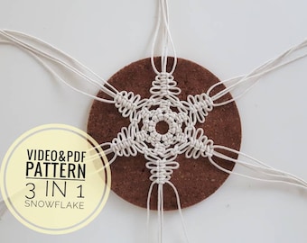 3 in 1 Macrame Snowflake Video Tutorial, Macrame pattern, Snowflake macrame Pattern, Macrame snowflake design, Diy Christmas ornament