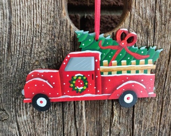 Red Truck with Christmas Tree Ornament