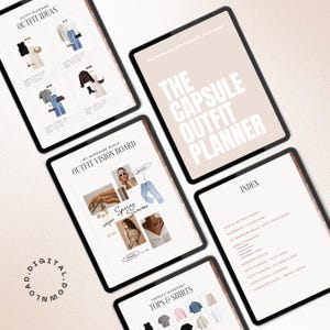 Könnte beinhalten: Mehrere digitale Tablets mit Inhalten zur Outfitplanung. Die Tablets zeigen Outfit-Ideen, ein Vision Board und einen Capsule-Outfit-Planer. Der Text enthält "Outfit Ideas", "Outfit Vision Board" und "The Capsule Outfit Planner".