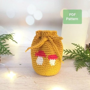 Crochet Mini gift bag crochet, drawstring pouch pattern, crochet small mushroom bag Mother's day DIY, digital download mushroom ornament