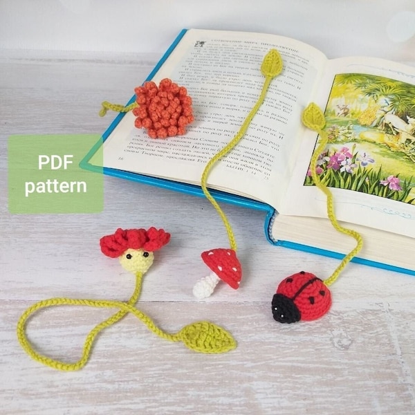 Ensemble de motifs marque-page au crochet, marque-page champignon au crochet, mini marque-page fleur au crochet DIY, motif coccinelle