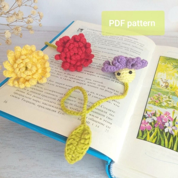 Crochet bookmark flower Pattern, Amigurumi flower aster mini crochet DIY, summer crochet digital download, fall bookmark leaf for book