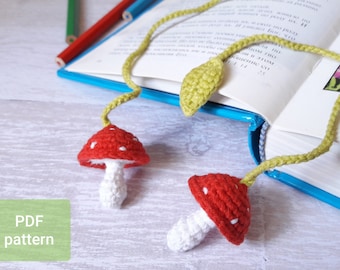 Beginner crochet pattern bookmark PDF, Amigurumi mushroom fly agaric tutorial, nature love bookmark DIY, fall crochet digital download