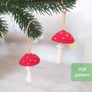 Crochet Mushroom Pattern Christmas ornament, fly agaric tutorial, Amigurumi amanita DIY car hanger