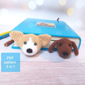 Crochet bookmark dog Pattern set, Amigurumi dachshund, corgi crochet tutorial PDF, sausage dog pattern DIY for kids, puppy digital download