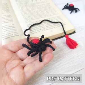 Patrón de araña marcapáginas de ganchillo, amigurumi de Halloween, juguete espeluznante hecho a mano