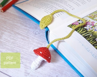 Crochet bookmark Pattern for beginner, mushroom bookmark PDF tutorial, Amigurumi amanita DIY, digital download fall bookmark leaf for book