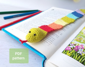 Crochet bookmark Pattern snake for beginner, rainbow bookmark tutorial PDF, Amigurumi animal DIY gift for kids, digital download