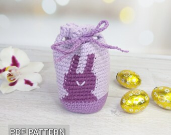 Crochet drawstring pouch pattern, Mini Easter egg bag with bunny ornament, small gift bag crochet DIY, digital download