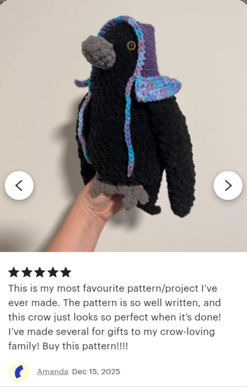May include: A handmade crochet crow plush toy featuring a black body, a grey beak, and grey feet. The crow wears a purple hood with a blue and purple variegated trim that hangs down in two thin, braided-style cords along the front of the body.