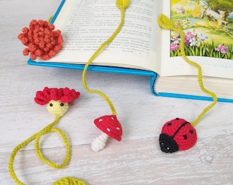 Crochet Bookmark Pattern Set, Mushroom, Flower, Ladybug Amigurumi, Gift for Book Lovers
