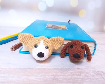 Crochet bookmark dog Pattern set, Amigurumi dachshund, corgi book accessories