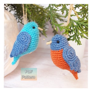 Bird Crochet Pattern, Amigurumi bluebird tutorial, Christmas tree ornament DIY, plush bird PDF pattern, cute holiday decor, Easter crochet