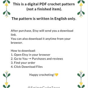 May include: A digital PDF crochet pattern, not a finished item, with instructions written in English. The image includes download instructions and decorative floral elements. The pattern is available for download after purchase.