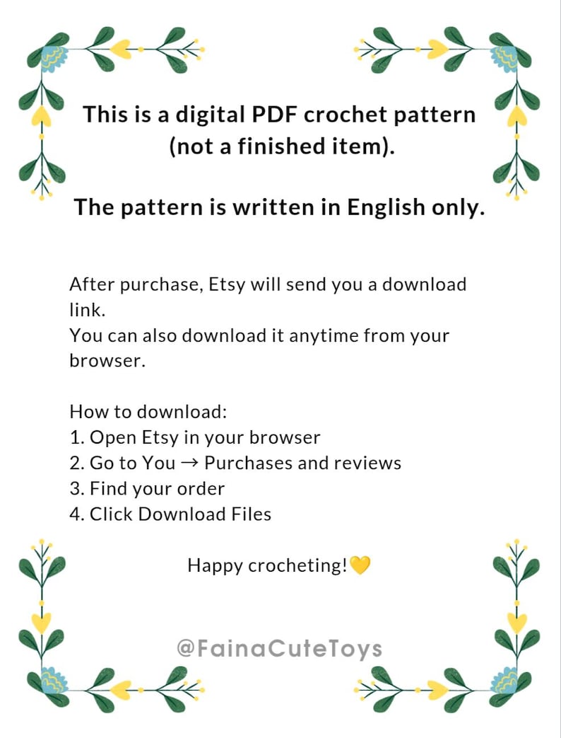 May include: A digital PDF crochet pattern, not a finished item, with instructions written in English. The image includes download instructions and decorative floral elements. The pattern is available for download after purchase.