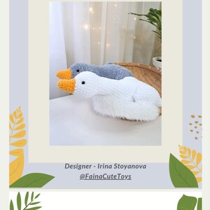 May include: Crochet pattern for a greylag and snow goose. The pattern is available for download and includes instructions for crocheting the geese. The pattern is designed by Irina Stoyanova and is available on her website @FainaCuteToys.
