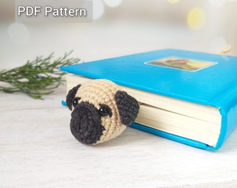 Patrón de marcapáginas de perro a crochet, regalo de amigurumi de carlino para mamá