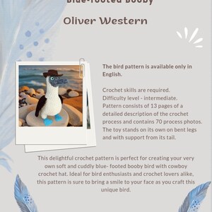 May include: Crochet pattern for a blue-footed booby bird wearing a cowboy hat. The pattern includes 13 pages with 70 process photos. The pattern is called "Oliver Western" and is available in English only.