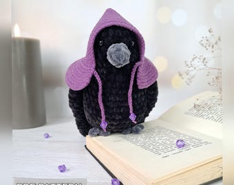 Crochet crow plushie Pattern, Amigurumi Halloween decor DIY, black bird pattern
