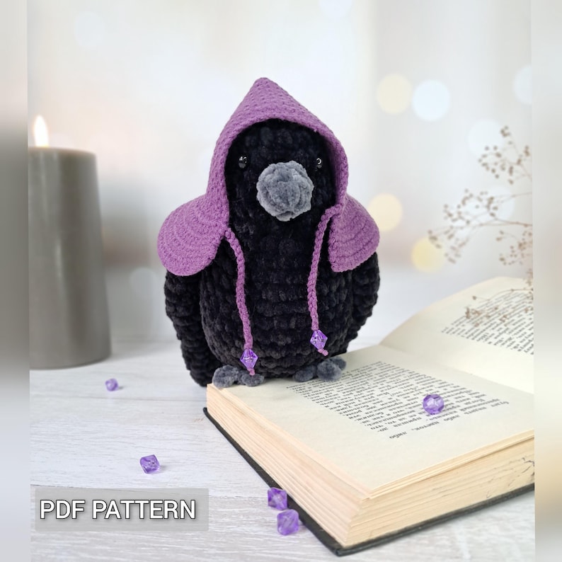 Crochet crow plushie Pattern, Amigurumi raven Halloween decor DIY