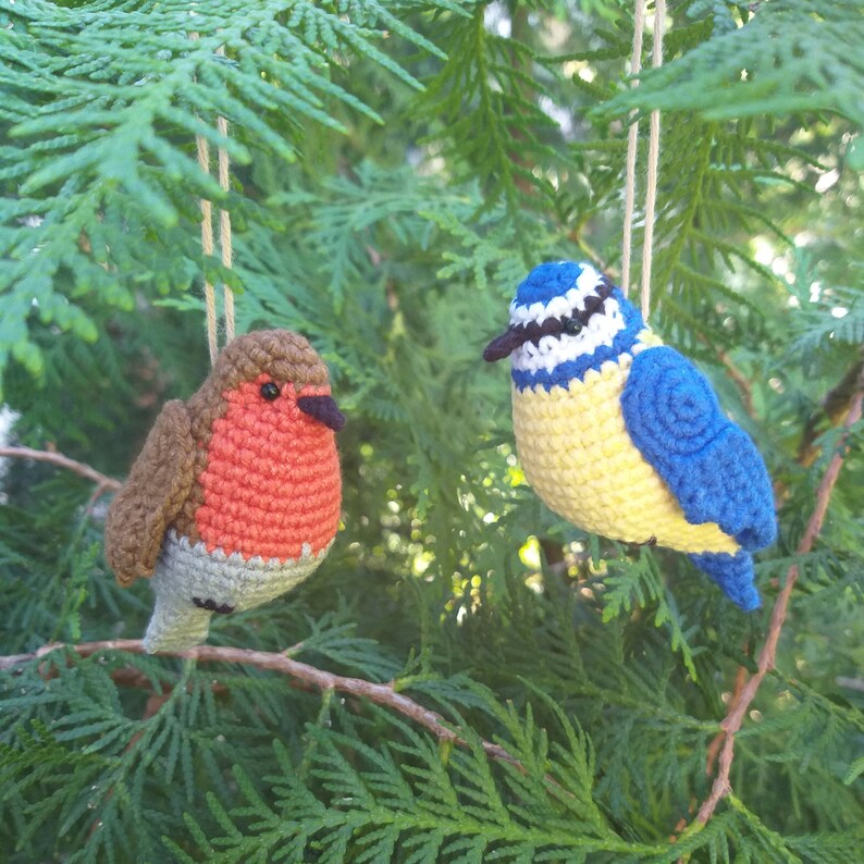 Bird Crochet Pattern Set, Holiday Ornaments DIY, Amigurumi Robin Blue ...
