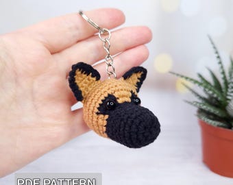 Virkat nyckelringsmönster, schäferhundhuvud Amigurumi, väskberlock DIY