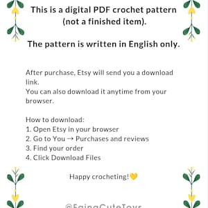 K&ouml;nnte beinhalten: Ein digitales PDF-H&auml;kelmuster, kein fertiges Produkt, mit Anweisungen auf Englisch. Das Bild enth&auml;lt Download-Anweisungen und dekorative florale Elemente. Das Muster steht nach dem Kauf zum Download bereit.