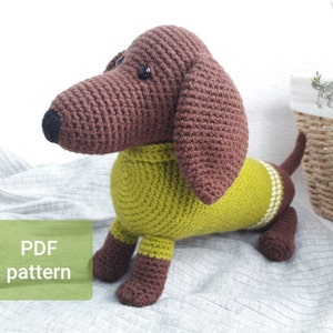 Dog Crochet Pattern dachshund, PDF tutorial soft puppy toy, Amigurumi animal DIY for kids