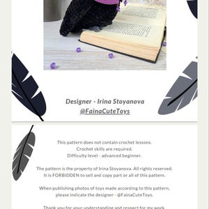 May include: A crochet pattern document titled Raven by designer Irina Stoyanova. The document features a black crocheted raven toy wearing a purple hood, alongside text instructions, copyright notices, and a smaller image of the raven toy.