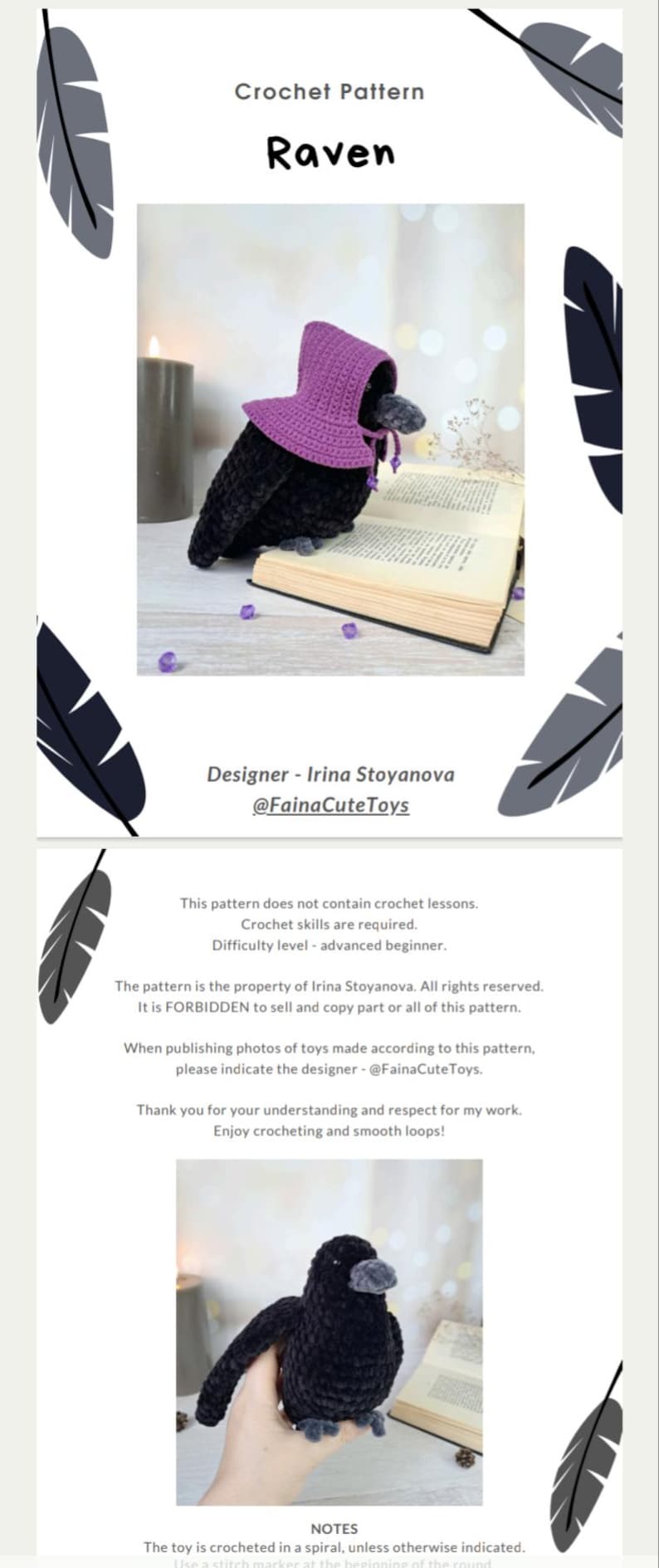 May include: A crochet pattern document titled Raven by designer Irina Stoyanova. The document features a black crocheted raven toy wearing a purple hood, alongside text instructions, copyright notices, and a smaller image of the raven toy.