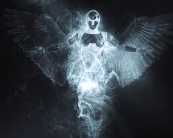 May include: A white, ethereal figure with wings, appearing to be made of smoke, against a black background.