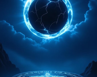 May include: A digital illustration of a glowing blue orb with crackling energy, surrounded by a bright halo. The orb floats above a stone platform with glowing runes, set against a backdrop of clouds and mountains. The overall theme is fantasy.