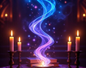 May include: An open book with illuminated pages sits on a table, surrounded by lit candles in ornate holders. A glowing blue and purple energy stream rises from a small bowl above the book, with sparkling stars in the background. The scene evokes a mystical or magical theme.