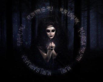May include: A woman in a dark forest with a glowing orb in her hand. The words "FUNTIN IS TU", "PUR UIGI K", "FAR PUNU", "P(U)RSA TRUTIN", and "KURIL KURIL SARPUAR" are written around her.