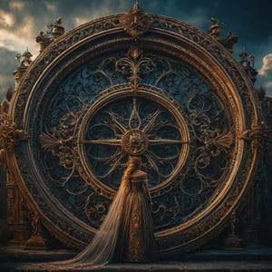 May include: A woman in a gold gown stands before a large, ornate, circular structure. The structure is detailed with intricate carvings and a central sunburst design. The background features a cloudy sky, enhancing the dramatic scene.