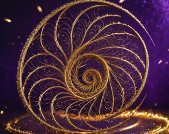 May include: A golden, spiral-shaped decorative object with intricate filigree detailing. The design features a central spiral expanding outwards, with delicate, curved lines and embellishments. The object is set against a dark purple background with sparkling accents.